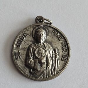 Vintage religious medal pendant Saint Jude Lady of Fatima silver tone Catholic